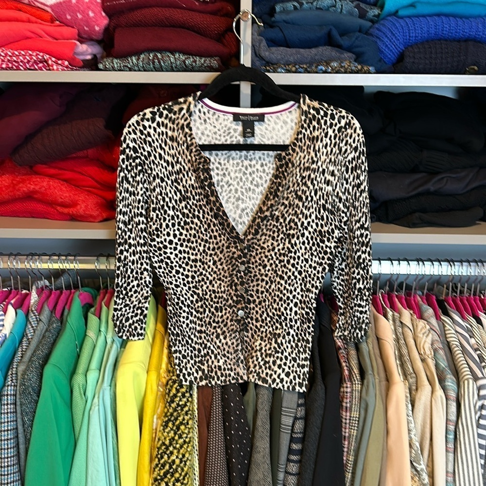 WHBM brown/black/white leopard print 3/4 sleeve snap front cardigan size XS
